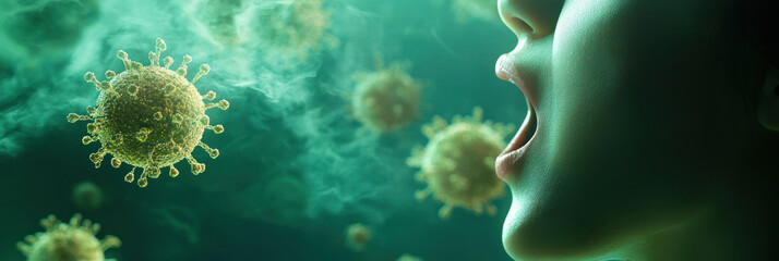 Person with virus particles floating around head