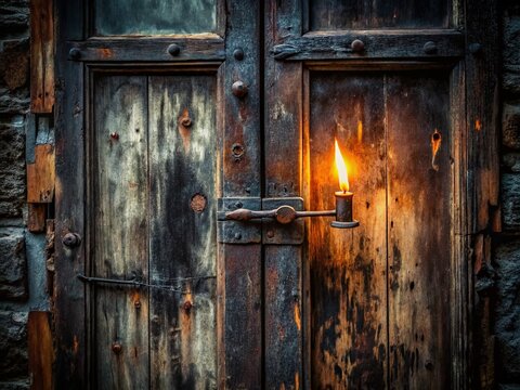 Darkness and mystery abound as a single lit match casts ominous shadows on a worn, eerie-looking door with