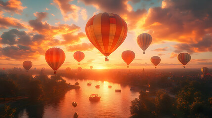 Naklejka premium Hot Air Balloons Floating in the Golden Sky Over Water - Illustration