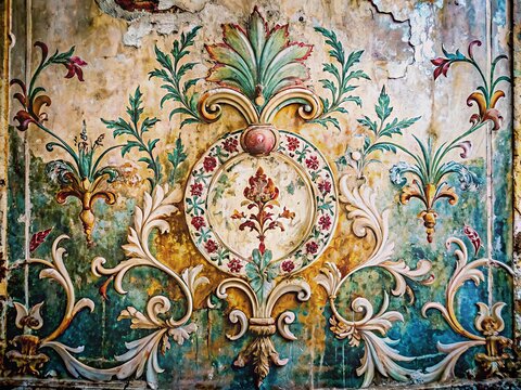 Distressed Renaissance-inspired fresco painting with peeling paint and grunge texture on a vintage old wall, featuring ornate classical designs and subtle feminine touches.