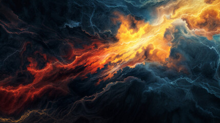Fototapeta premium Dynamic abstract energy explosion with vibrant fiery lightning and dark clouds