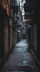 A quiet, eerie alley in a deserted city center, with remnants of old signs and posters, the silence broken only by the wind.