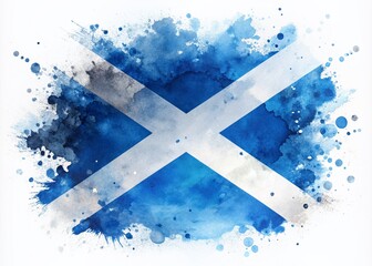 Vibrant abstract watercolor splashes form Scotland's national flag with rough, grungy texture, perfect for Saint Andrew's Day celebrations, posters, flyers, and invitations.