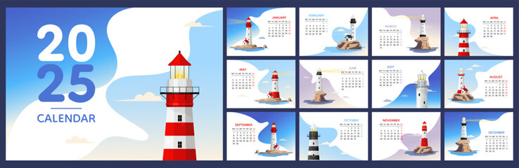 Calendar 2025 horizontal template, lighthouse on the island by the sea design. Week start On Monday, planner, stationary, wall calendar. Vector illustration