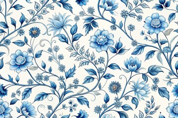 Fototapeta premium Delicate intricate blue floral pattern adorned with intertwining stems and blooming flowers on a soft white background,