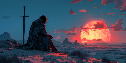 lonely knight at sunset
