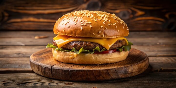 Delicious frontal view of a crispy, golden-brown, melted cheese-topped burger patty, nestled between a soft,