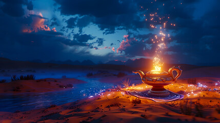 Magic lamp with genie in the desert at night