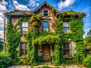 Dilapidated home's worn facade, overgrown with vines, yields to modern renovation, revealing fresh walls, new windows,