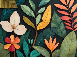 Dense jungle foliage with layered botanical elements, organic textures of leaves, vines, and blossoms