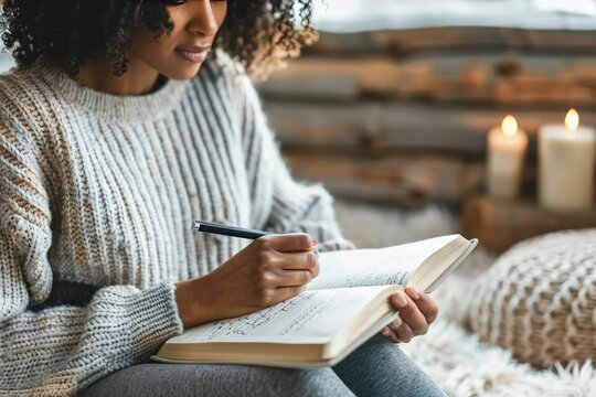 Woman writing in notebook while sitting. This image can be used for websites or blogs related to journaling, self-care, or personal development.
