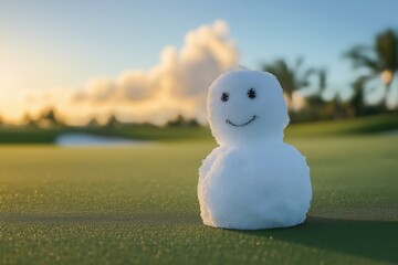 A snowman is standing on a green grassy field. The snowman is smiling and he is happy