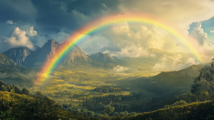 Majestic Rainbow Over Mountain Valley at Sunrise