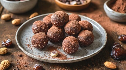 Chocolate truffles on rustic plate with almonds