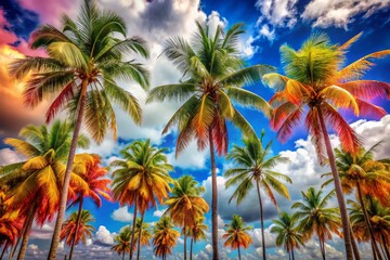 Obraz premium Vibrant multicolored palm trees stand tall against a brilliant blue sky with puffy white clouds, creating a stunning visual contrast in this tropical paradise scene.