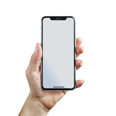 iPhone mockup on Hand holding the PNG of smartphone iphone14 with blank screen and modern frameless design, hold Mobile phone on transparent background