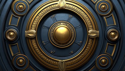 Ornate Gold and Black Circular Design with Central Gold Button