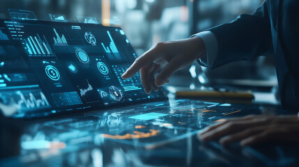 Business professional using a futuristic touchscreen interface to manage financial planning and budgeting, Budget and financial planning concept,Corporate finance and annual strategic plan. invest, Ai