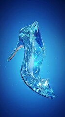 A glass slipper with a pointed toe and a high heel, sparkling with light against a blue background.