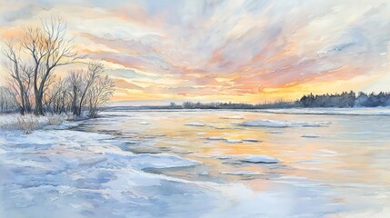 Winter River Sunset Landscape Painting