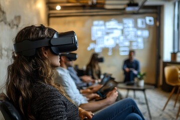 A remote team using a mix of digital tools like VR headsets and shared digital whiteboards to brainstorm ideas, breaking away from conventional methods.
