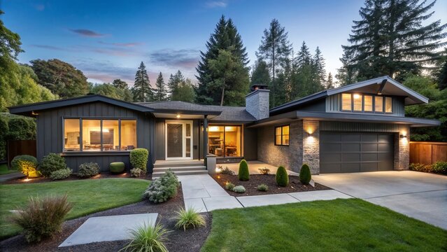 Dramatic transformation of a dilapidated ranch-style home into a modern, sleek abode with large windows, new siding,