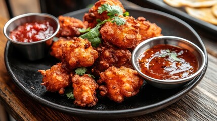 Fototapeta premium A plate of crispy Indian bhajis with spicy chutneys, perfect for an appetizer or snack, served on a wooden table.