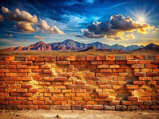 Earthy, weathered, rusty-red brick wall with rustic adobe texture, cracked and worn, set against a warm, sun-bleached