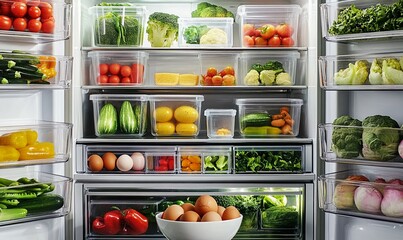 An open refrigerator filled with fresh produce and eggs, showcasing a well-stocked and organized kitchen.