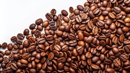 Fototapeta premium Freshly roasted coffee beans scattered on a clean white background, providing ample copy space, perfect for advertising, packaging, or culinary editorial designs.