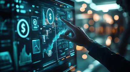 Fototapeta premium Business professional using a futuristic touchscreen interface to manage financial planning and budgeting, Budget and financial planning concept,Corporate finance and annual strategic plan. invest, Ai