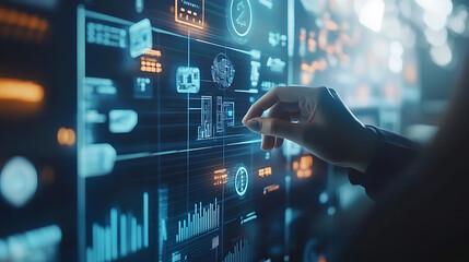 Fototapeta premium Business professional using a futuristic touchscreen interface to manage financial planning and budgeting, Budget and financial planning concept,Corporate finance and annual strategic plan. invest, Ai