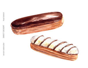 Hand drawn watercolor sweet dessert cake set. Chocolate and vanilla eclairs