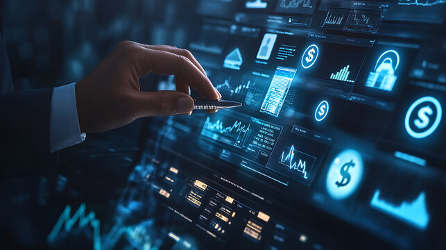 Business professional using a futuristic touchscreen interface to manage financial planning and budgeting, Budget and financial planning concept,Corporate finance and annual strategic plan. invest, Ai