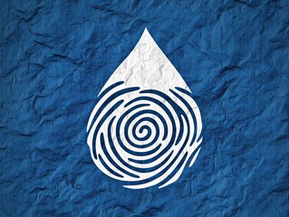 White water drop with fingerprint texture on a blue textured background.
