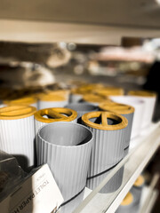 Store shelves with home decor. Accessories for the bathroom, for the room, for the kitchen. Decor shopping concept