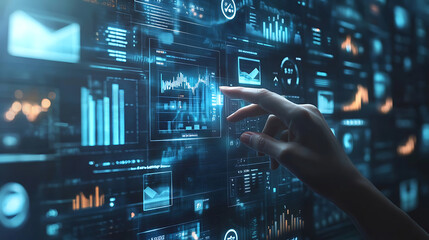Obraz premium Business professional using a futuristic touchscreen interface to manage financial planning and budgeting, Budget and financial planning concept,Corporate finance and annual strategic plan. invest, Ai