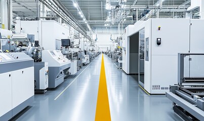 A wide shot of a modern factory with rows of white machinery and a yellow line down the center of the aisle.