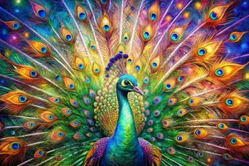 Obraz premium Vibrant abstract modern art collage portrait of a majestic peacock featuring iridescent feathers, swirling shapes, and kaleidoscope colors blending in mesmerizing harmony.