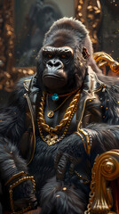 Luxurious gorilla  with an open tail, full face, jewelry