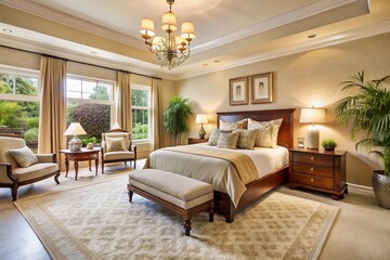 Fototapeta premium Elegant 12x14 bedroom interior design features a plush beige area rug, creamy walls, and rich wood furniture, accented