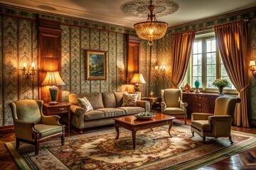 Elegant 1930s living room with ornate wooden furniture, velvet drapes, and vintage lamps, showcasing opulent Art Deco