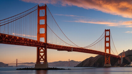 Fototapeta premium Golden Gate Bridge during sunset with San Francisco skyline visible in the background, beautiful scenery.