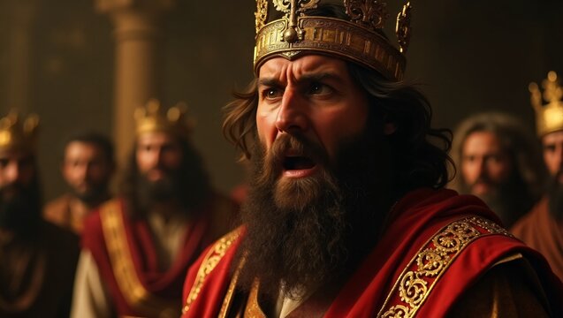 King Herod&rsquo;s Rage, A dramatic scene in Herod&rsquo;s court as he angrily reacts to the news of a new king being born, surrounded by his advisors and guards.