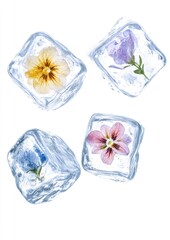 Fototapeta premium Four flying ice cubes flowers art preservation.