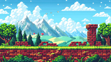 Pixel art game background with button level up. Game design concept in retro style. Vector illustration. Game screen pixel