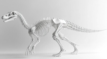 A skeletal model of a dinosaur in a minimalist setting.