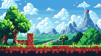 Pixel art game background with button level up. Game design concept in retro style. Vector illustration. Game screen pixel