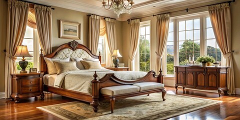 Fototapeta premium Elegant bedroom features a sturdy wooden bed frame with cream-colored linens, surrounded by ornate furniture pieces and