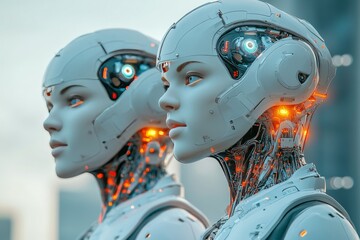 Fototapeta premium Profile of two futuristic androids side by side symbolizing robotic evolution artificial intelligence and the neural augmentation driving human like machines